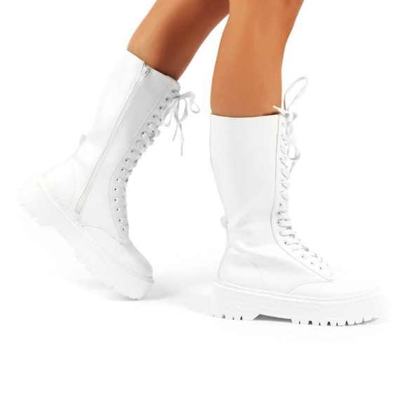 Public Desire Shoes - COPY - ISO PUBLIC DESIRE - Kendall White PU Lace Up Chunky Knee High Boots 7 or…